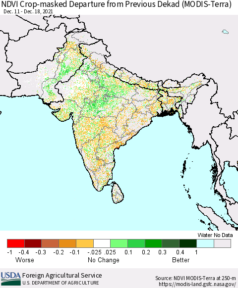 Southern Asia NDVI Crop-masked Departure from Previous Dekad (MODIS-Terra) Thematic Map For 12/11/2021 - 12/20/2021