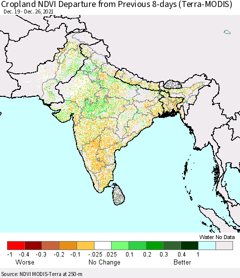 Southern Asia Cropland NDVI Departure from Previous 8-days (Terra-MODIS) Thematic Map For 12/19/2021 - 12/26/2021