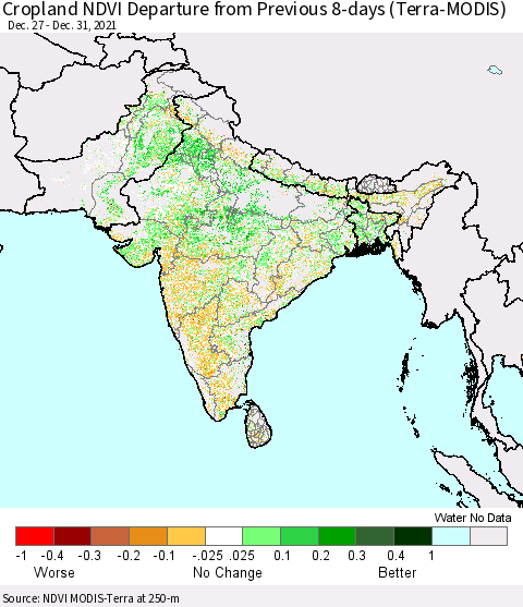 Southern Asia Cropland NDVI Departure from Previous 8-days (Terra-MODIS) Thematic Map For 12/26/2021 - 1/2/2022