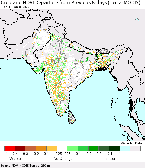Southern Asia Cropland NDVI Departure from Previous 8-days (Terra-MODIS) Thematic Map For 1/1/2022 - 1/8/2022