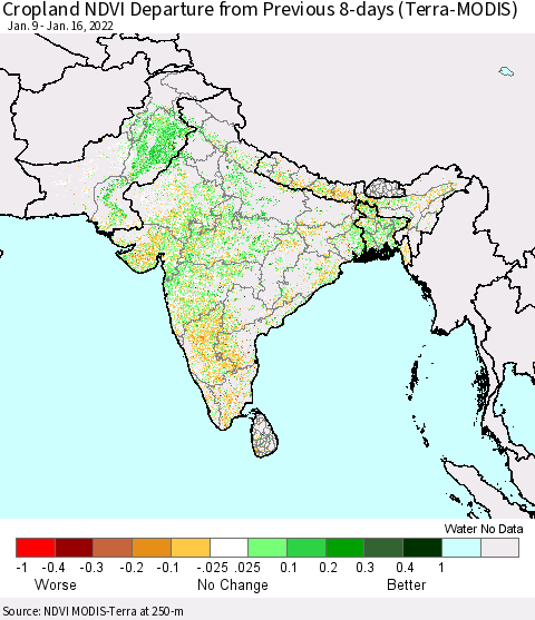 Southern Asia Cropland NDVI Departure from Previous 8-days (Terra-MODIS) Thematic Map For 1/9/2022 - 1/16/2022