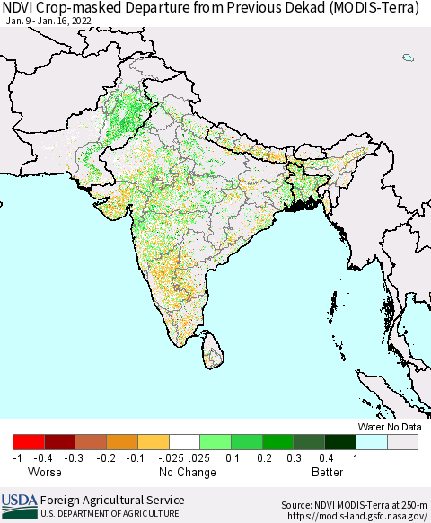 Southern Asia Cropland NDVI Departure from Previous Dekad (Terra-MODIS) Thematic Map For 1/11/2022 - 1/20/2022