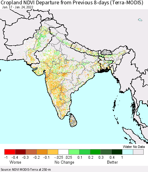 Southern Asia Cropland NDVI Departure from Previous 8-days (Terra-MODIS) Thematic Map For 1/17/2022 - 1/24/2022
