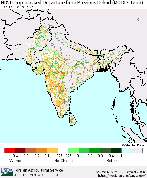Southern Asia Cropland NDVI Departure from Previous Dekad (Terra-MODIS) Thematic Map For 1/21/2022 - 1/31/2022