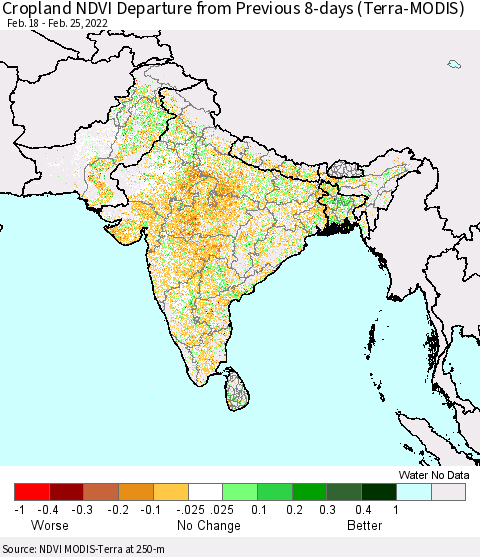 Southern Asia Cropland NDVI Departure from Previous 8-days (Terra-MODIS) Thematic Map For 2/18/2022 - 2/25/2022