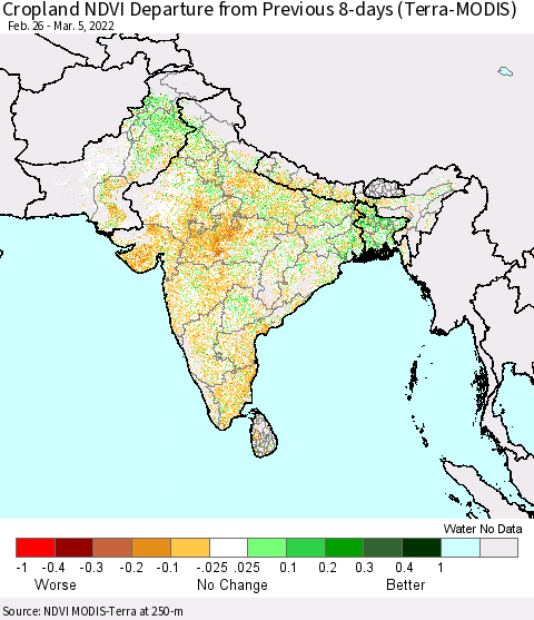 Southern Asia Cropland NDVI Departure from Previous 8-days (Terra-MODIS) Thematic Map For 2/26/2022 - 3/5/2022