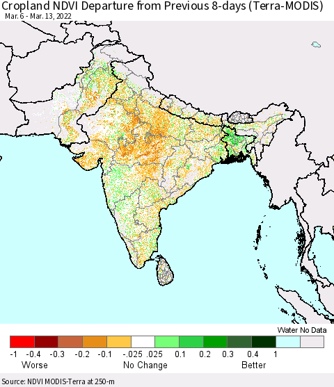 Southern Asia Cropland NDVI Departure from Previous 8-days (Terra-MODIS) Thematic Map For 3/6/2022 - 3/13/2022