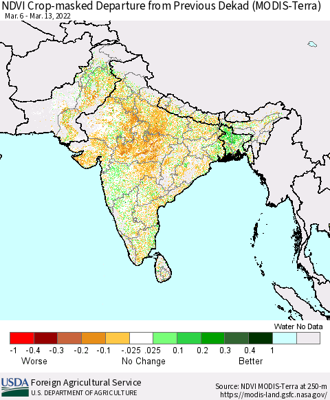 Southern Asia Cropland NDVI Departure from Previous Dekad (Terra-MODIS) Thematic Map For 3/11/2022 - 3/20/2022