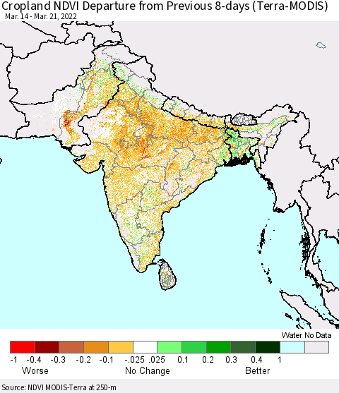 Southern Asia Cropland NDVI Departure from Previous 8-days (Terra-MODIS) Thematic Map For 3/14/2022 - 3/21/2022