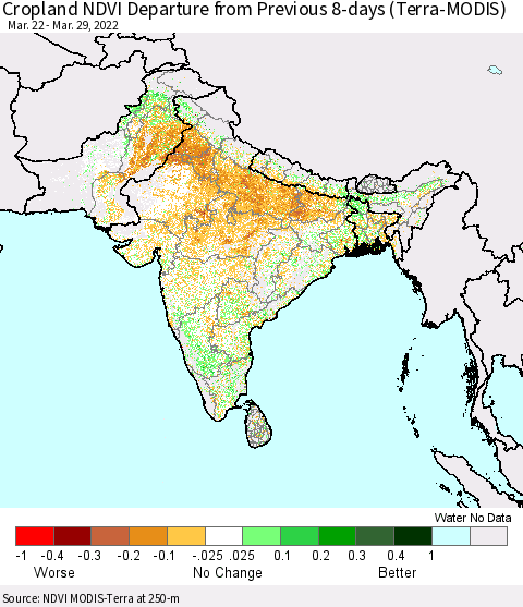 Southern Asia Cropland NDVI Departure from Previous 8-days (Terra-MODIS) Thematic Map For 3/22/2022 - 3/29/2022