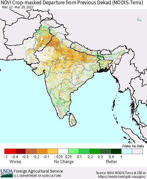 Southern Asia Cropland NDVI Departure from Previous Dekad (Terra-MODIS) Thematic Map For 3/21/2022 - 3/31/2022