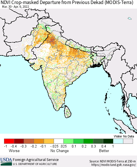 Southern Asia Cropland NDVI Departure from Previous Dekad (Terra-MODIS) Thematic Map For 4/1/2022 - 4/10/2022