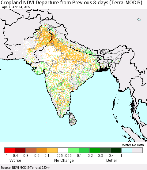 Southern Asia Cropland NDVI Departure from Previous 8-days (Terra-MODIS) Thematic Map For 4/7/2022 - 4/14/2022