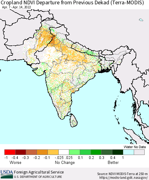Southern Asia Cropland NDVI Departure from Previous Dekad (Terra-MODIS) Thematic Map For 4/11/2022 - 4/20/2022