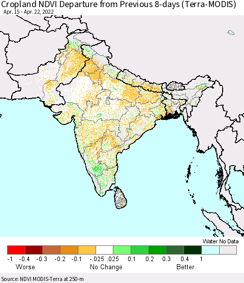 Southern Asia Cropland NDVI Departure from Previous 8-days (Terra-MODIS) Thematic Map For 4/15/2022 - 4/22/2022