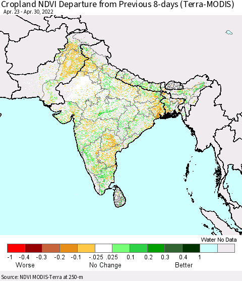 Southern Asia Cropland NDVI Departure from Previous Dekad (Terra-MODIS) Thematic Map For 4/21/2022 - 4/30/2022