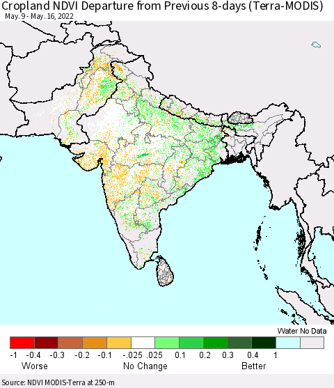 Southern Asia Cropland NDVI Departure from Previous 8-days (Terra-MODIS) Thematic Map For 5/9/2022 - 5/16/2022