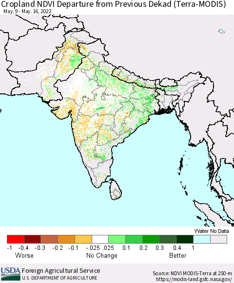 Southern Asia Cropland NDVI Departure from Previous Dekad (Terra-MODIS) Thematic Map For 5/11/2022 - 5/20/2022