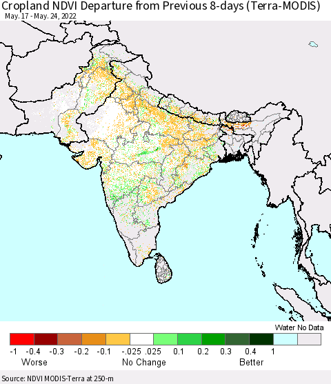 Southern Asia Cropland NDVI Departure from Previous 8-days (Terra-MODIS) Thematic Map For 5/17/2022 - 5/24/2022