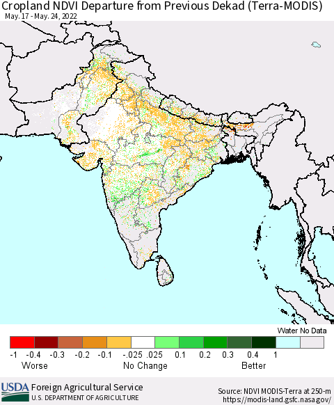 Southern Asia Cropland NDVI Departure from Previous Dekad (Terra-MODIS) Thematic Map For 5/21/2022 - 5/31/2022