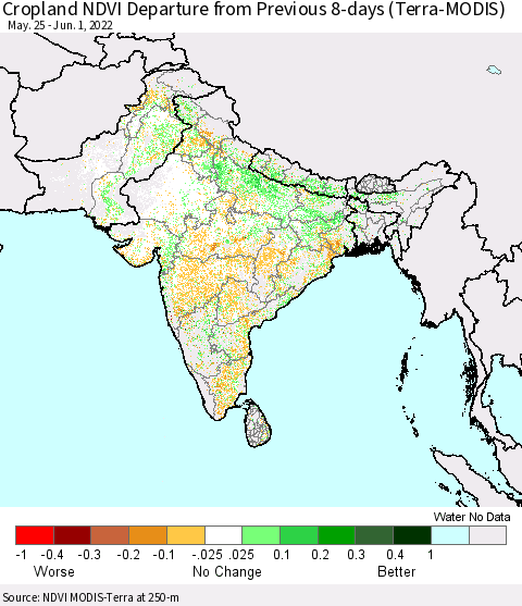 Southern Asia Cropland NDVI Departure from Previous 8-days (Terra-MODIS) Thematic Map For 5/25/2022 - 6/1/2022