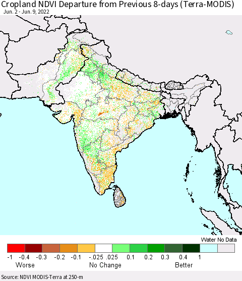 Southern Asia Cropland NDVI Departure from Previous 8-days (Terra-MODIS) Thematic Map For 6/2/2022 - 6/9/2022