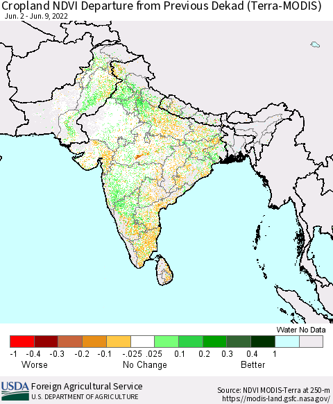 Southern Asia Cropland NDVI Departure from Previous Dekad (Terra-MODIS) Thematic Map For 6/1/2022 - 6/10/2022