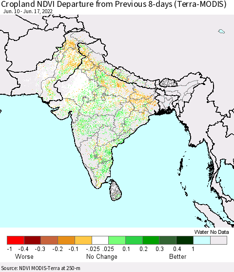 Southern Asia Cropland NDVI Departure from Previous 8-days (Terra-MODIS) Thematic Map For 6/10/2022 - 6/17/2022