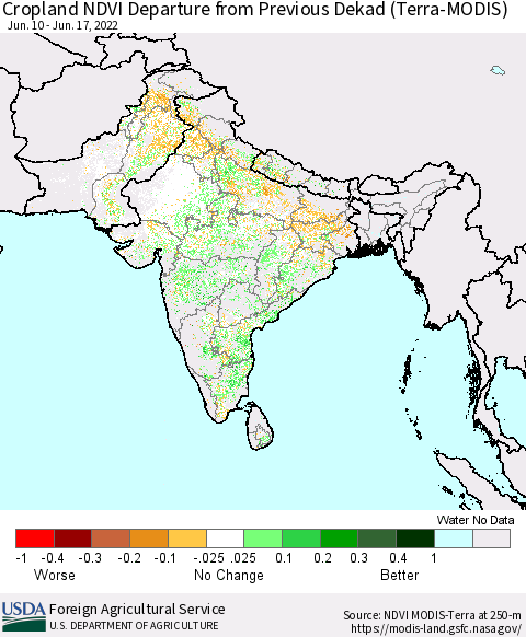 Southern Asia Cropland NDVI Departure from Previous Dekad (Terra-MODIS) Thematic Map For 6/11/2022 - 6/20/2022