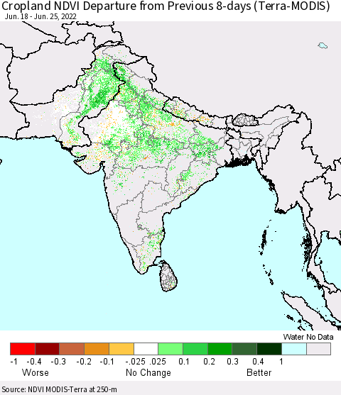 Southern Asia Cropland NDVI Departure from Previous 8-days (Terra-MODIS) Thematic Map For 6/18/2022 - 6/25/2022