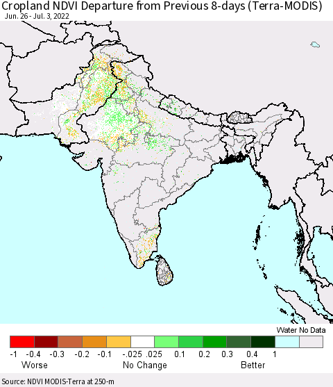 Southern Asia Cropland NDVI Departure from Previous 8-days (Terra-MODIS) Thematic Map For 6/26/2022 - 7/3/2022