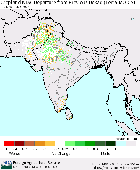 Southern Asia Cropland NDVI Departure from Previous Dekad (Terra-MODIS) Thematic Map For 7/1/2022 - 7/10/2022