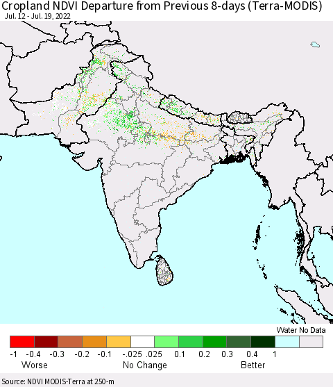 Southern Asia Cropland NDVI Departure from Previous 8-days (Terra-MODIS) Thematic Map For 7/12/2022 - 7/19/2022