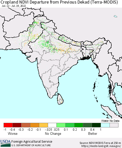 Southern Asia Cropland NDVI Departure from Previous Dekad (Terra-MODIS) Thematic Map For 7/11/2022 - 7/20/2022
