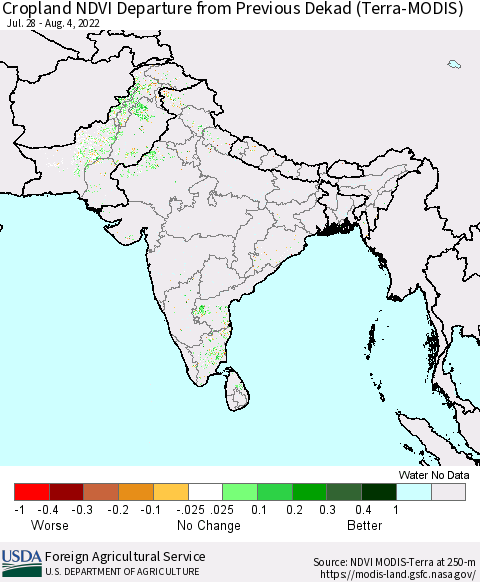 Southern Asia Cropland NDVI Departure from Previous Dekad (Terra-MODIS) Thematic Map For 8/1/2022 - 8/10/2022