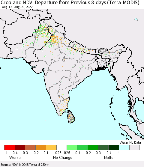 Southern Asia Cropland NDVI Departure from Previous 8-days (Terra-MODIS) Thematic Map For 8/13/2022 - 8/20/2022