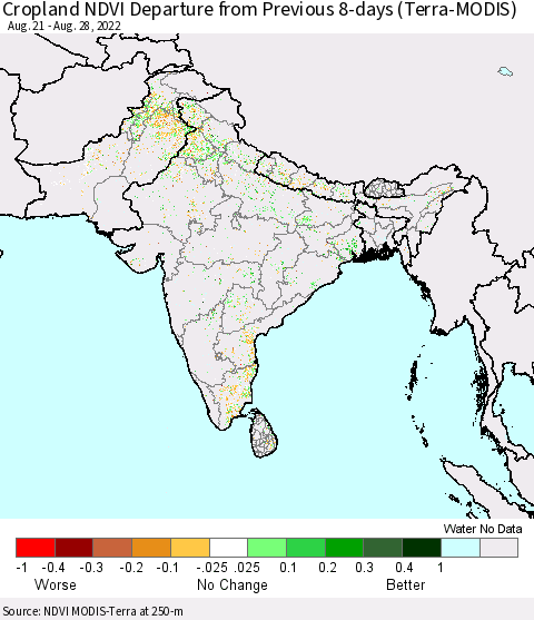 Southern Asia Cropland NDVI Departure from Previous 8-days (Terra-MODIS) Thematic Map For 8/21/2022 - 8/28/2022