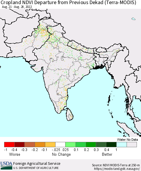 Southern Asia Cropland NDVI Departure from Previous Dekad (Terra-MODIS) Thematic Map For 8/21/2022 - 8/31/2022