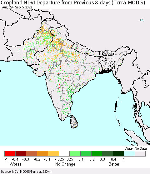 Southern Asia Cropland NDVI Departure from Previous 8-days (Terra-MODIS) Thematic Map For 8/29/2022 - 9/5/2022