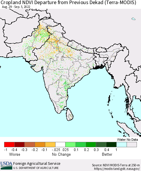 Southern Asia Cropland NDVI Departure from Previous Dekad (Terra-MODIS) Thematic Map For 9/1/2022 - 9/10/2022