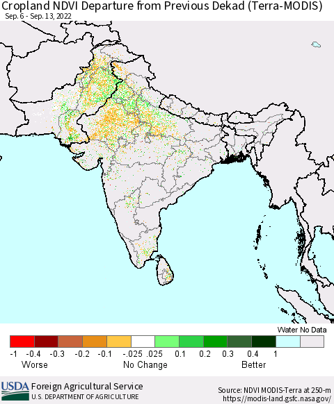Southern Asia Cropland NDVI Departure from Previous Dekad (Terra-MODIS) Thematic Map For 9/11/2022 - 9/20/2022
