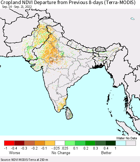 Southern Asia Cropland NDVI Departure from Previous 8-days (Terra-MODIS) Thematic Map For 9/14/2022 - 9/21/2022