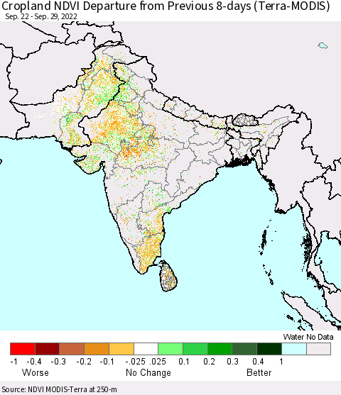 Southern Asia Cropland NDVI Departure from Previous 8-days (Terra-MODIS) Thematic Map For 9/22/2022 - 9/29/2022