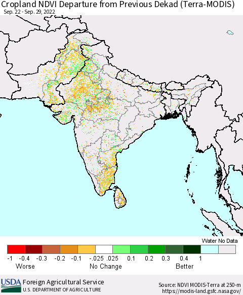 Southern Asia Cropland NDVI Departure from Previous Dekad (Terra-MODIS) Thematic Map For 9/21/2022 - 9/30/2022