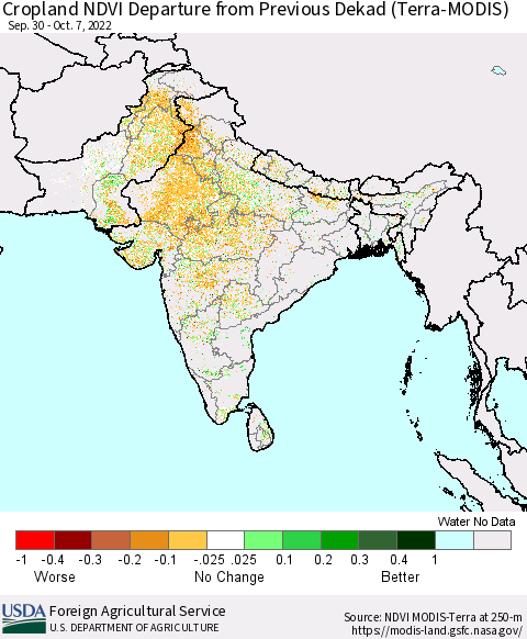 Southern Asia Cropland NDVI Departure from Previous Dekad (Terra-MODIS) Thematic Map For 10/1/2022 - 10/10/2022