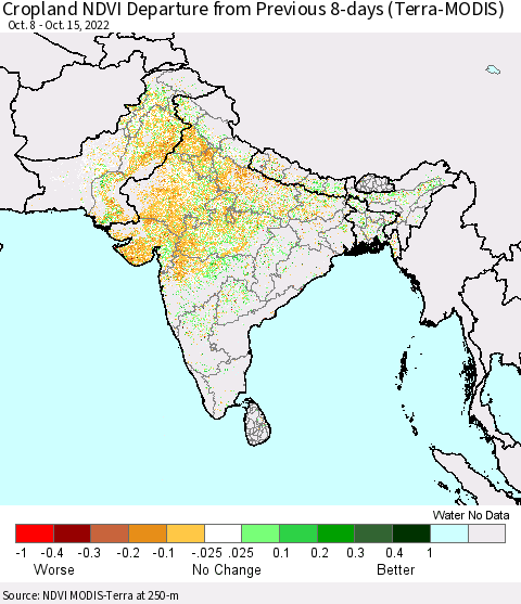 Southern Asia Cropland NDVI Departure from Previous 8-days (Terra-MODIS) Thematic Map For 10/8/2022 - 10/15/2022