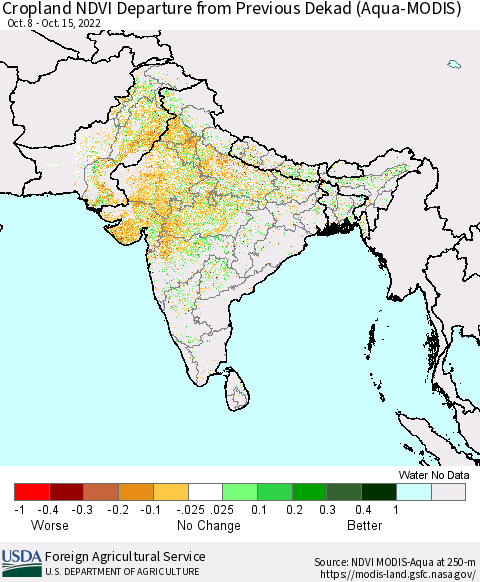 Southern Asia Cropland NDVI Departure from Previous Dekad (Terra-MODIS) Thematic Map For 10/11/2022 - 10/20/2022