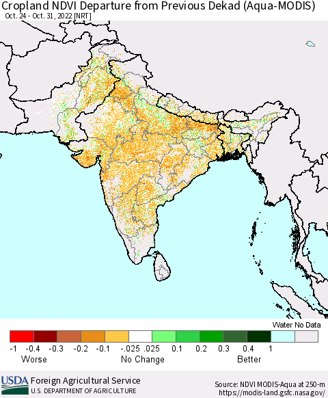 Southern Asia Cropland NDVI Departure from Previous Dekad (Terra-MODIS) Thematic Map For 10/21/2022 - 10/31/2022
