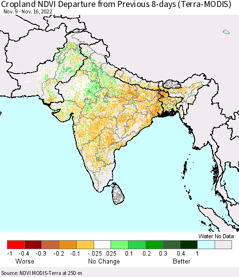 Southern Asia Cropland NDVI Departure from Previous 8-days (Terra-MODIS) Thematic Map For 11/9/2022 - 11/16/2022