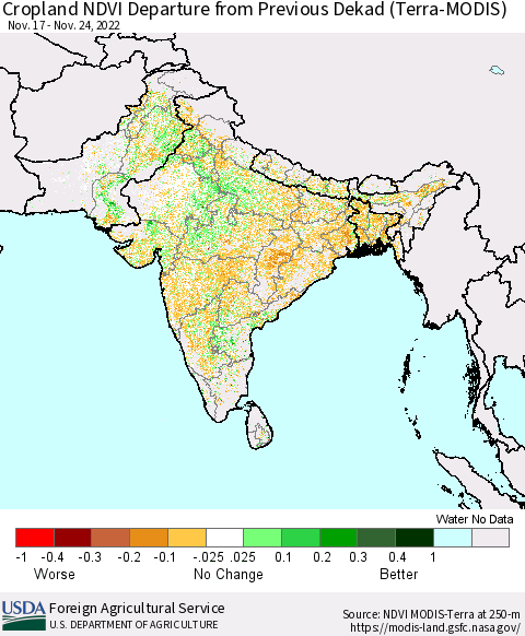 Southern Asia Cropland NDVI Departure from Previous Dekad (Terra-MODIS) Thematic Map For 11/21/2022 - 11/30/2022